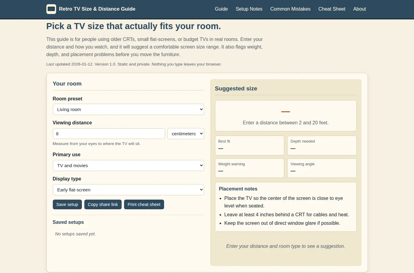 Screenshot of Retro TV Size and Distance Guide interface showing the project page in use